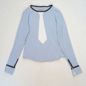 Vintage Laurie B. Blue Neck Tie Knit Top Elegant Pearl Button Split Cuffs S